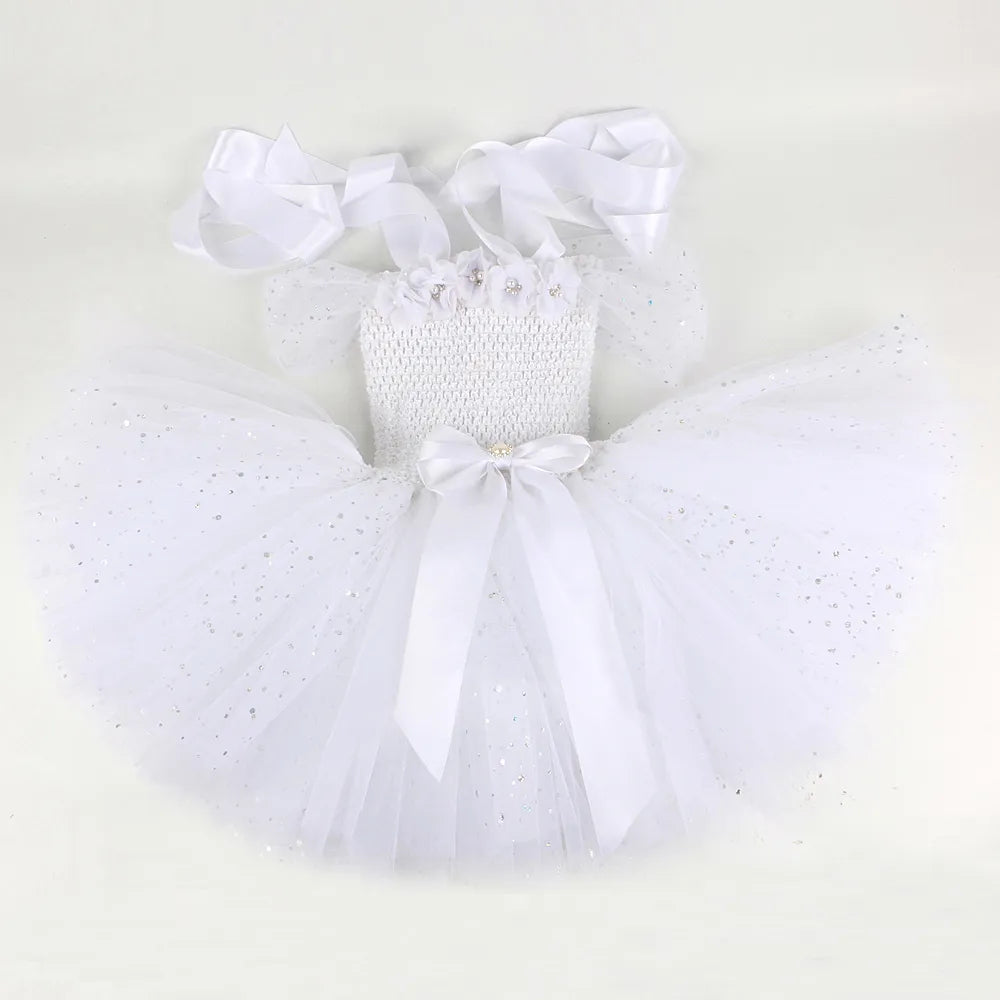 Girls White Angel Costumes for Girls Christmas Halloween Dress for Kids Flower Fairy Tutu Outfit with Wings Set Girl Clothes