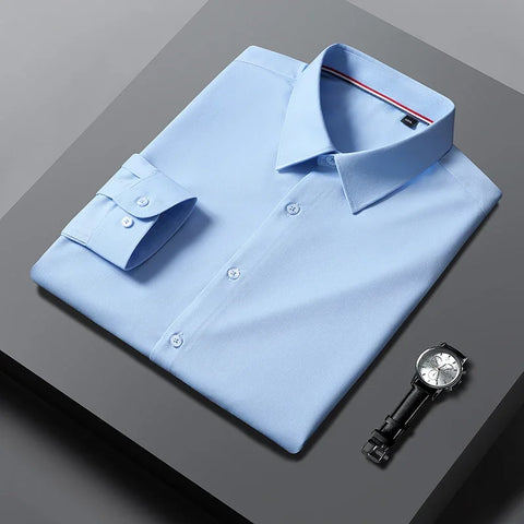 2023 Bamboo Fiber Long Sleeve Men Regular Fit  Microfiber Material Non-iron Professional Casual Dress Shirts Pure Colors - Fashionner