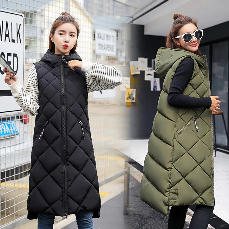 Women's Sleeveless Vest Long Down Jacket Solid Korea Hooded Padded Vests Loose Females 2022 Ladies Fashion Casual Winter Coat - Fashionner