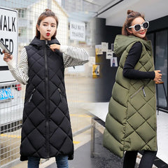 Women's Sleeveless Vest Long Down Jacket Solid Korea Hooded Padded Vests Loose Females 2022 Ladies Fashion Casual Winter Coat - Fashionner