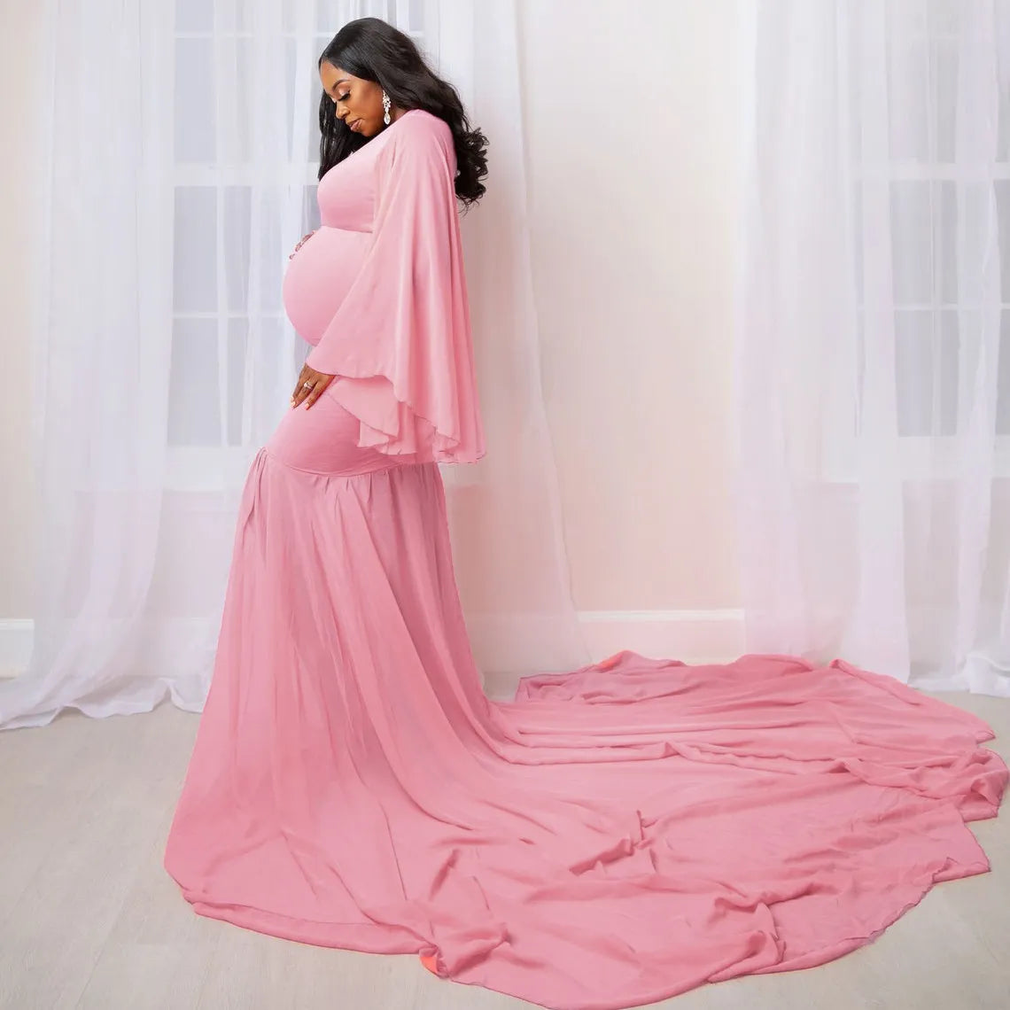 Photoshoot Long Sleeve Maxi Maternity Photography Dresses Photoshoot Fitted Gown Elegant Pregnancy Dress Pregnant Women Long Tail Dress - Fashionner