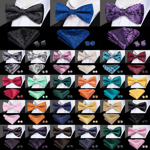 pre-wedding Hi-Tie Silk Pre-tied Mens Bowtie Hanky Cufflinks Set Bow Tie Cravat for Male Jacquard Solid Paisley Floral Men Wedding Business - Fashionner