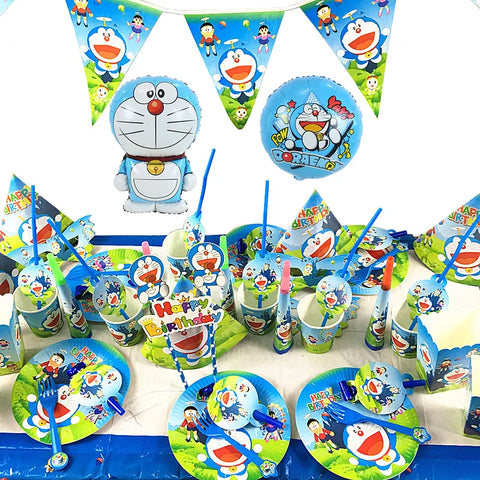 Buy Party Doraemon Theme Birthday Party Decoration Supplies Paper Cup Plate Tablecloth Pennant Cake Topper Baby Shower Balloon Kids Favors online at Fashionner.