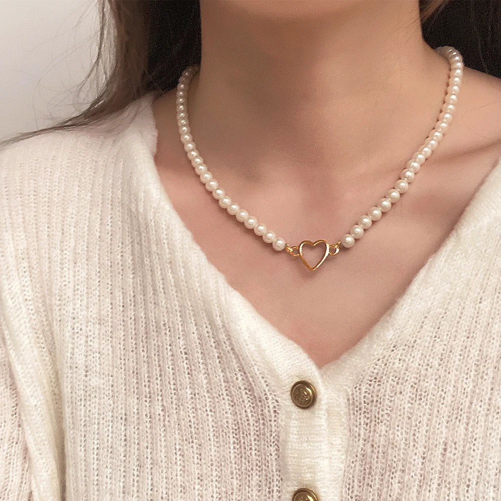 Elegant White Imitation Pearl Beads Choker Clavicle Chain Necklace For Women Love pendant Wedding Jewelry Collar 2023 New - Fashionner