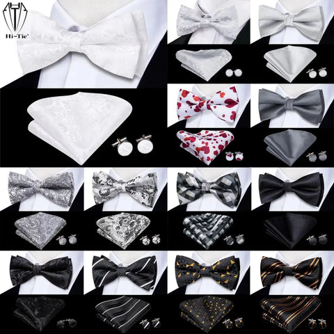 pre-wedding Hi-Tie White Black Gray Silver Silk Mens Bow Tie Hanky Cufflinks Set Pre-tied Butterfly Knot Bowtie for Male Wedding Business - Fashionner