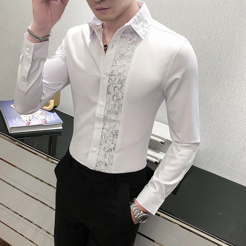 British Style Shine Lace Splicing Personality Banquet Dress Shirts Men's Brand Slim Tuxedo Shirt Solid Color Super Stage Costume