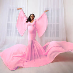 Photoshoot Long Sleeve Maxi Maternity Photography Dresses Photoshoot Fitted Gown Elegant Pregnancy Dress Pregnant Women Long Tail Dress - Fashionner