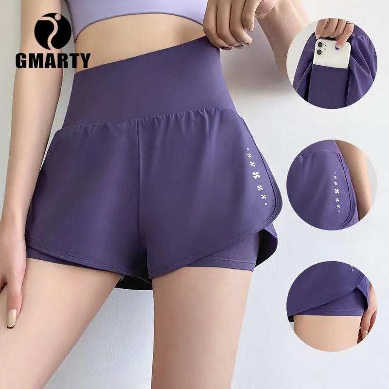 High Rise Moisture Wicking Fabric Sports Shorts Women's Activewear Double Layer Running Shorts Yoga Pants Summer Gym Fitness - Fashionner