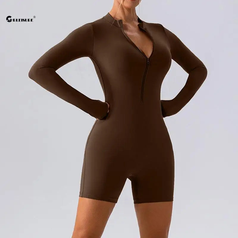 CHRLEISURE Long Sleeve Zipper Sports Jumpsuit Sexy Fitness Bodysuit 1PCS Naked Feeling Yoga Suit Training Bodysuit Activewear
