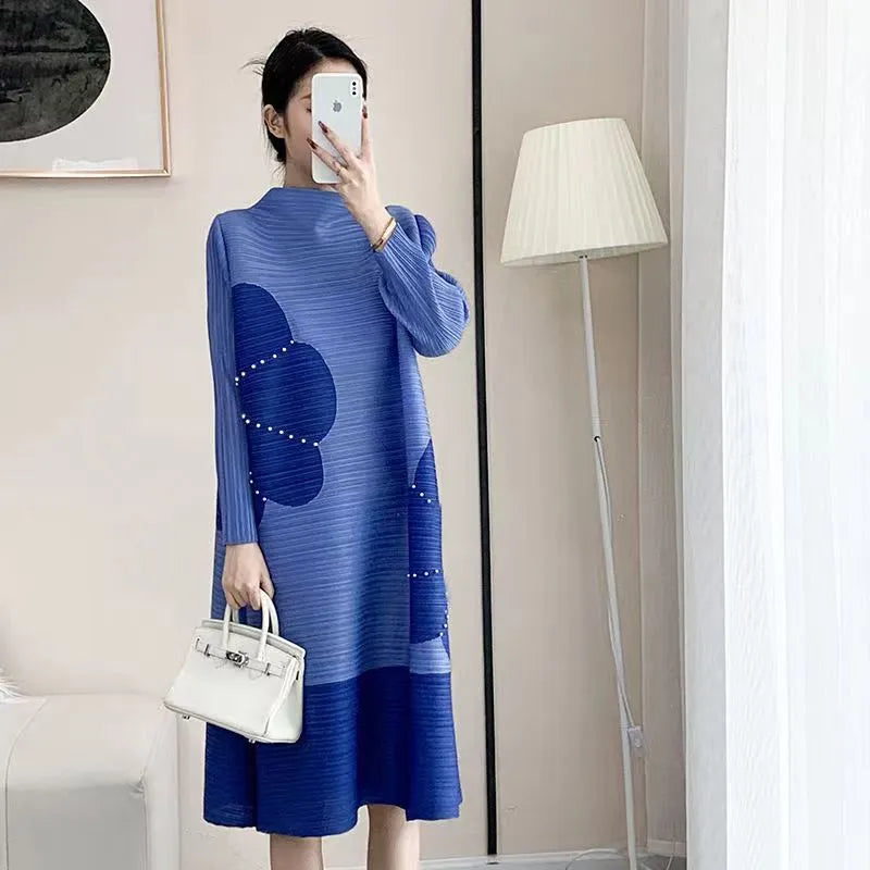 Western Color-blocking round neck long-sleeved pleated printed loose dress 2023 slim temperament high-end western-style dress female - Fashionner