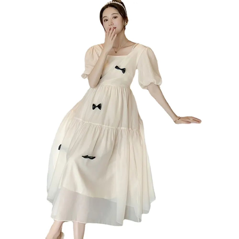 2023 autumn flare sleeve square collar maternity long dress loose woman clothes fashion bow pregnant women dress party dresses - Fashionner