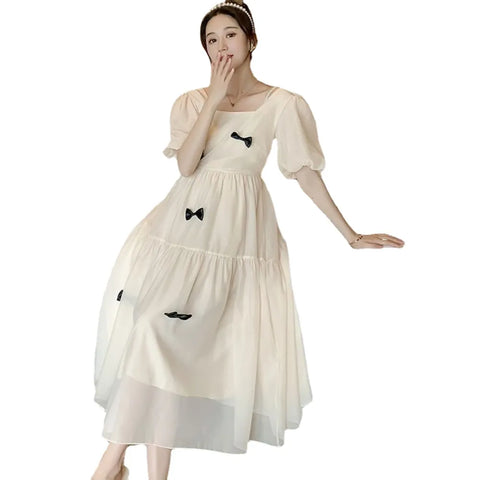 2023 autumn flare sleeve square collar maternity long dress loose woman clothes fashion bow pregnant women dress party dresses - Fashionner