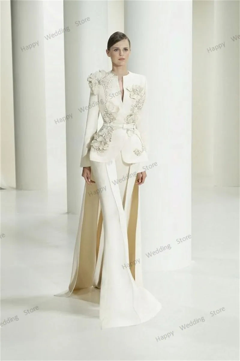 Women Suits Set For Wedding  2 Pieces Blazer With Train+Pants Beads 3D Floral Appliqued Jacket Red Carpet Prom Dress Customzie - Fashionner