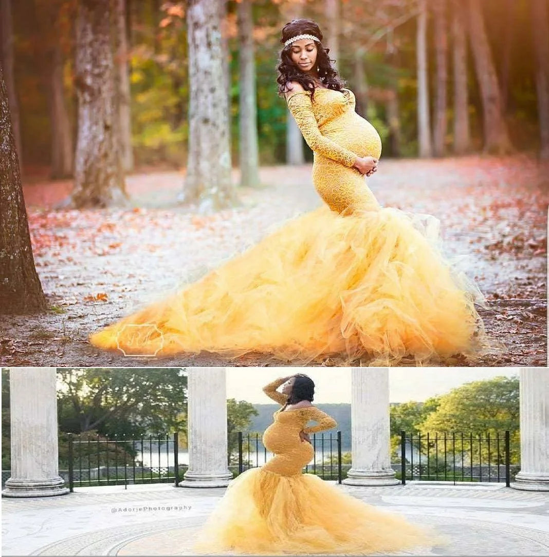 Photoshoot Women Long Sleeve Off Shoulder Lace Maternity Dress for Photography Baby Shower with Mermaid Tulle Gown Photoshoot Baby Shower