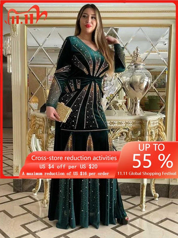 Traditional African Velvet Evening Dresses for Women Dashiki Diamond Kaftan Party Long Dress Abaya Dubai Ankara Robe Femme Africa Clothes - Fashionner