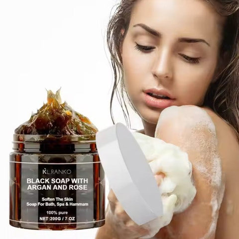 Moroccan Beldi Soap – Natural Organic Black Soap for Exfoliating, Detoxifying, and Hydrating Skin – Ideal for Body Scrub, Spa & Hammam Rituals, Removes Dead Skin Cells 200 grams