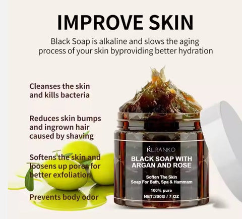 Moroccan Beldi Soap – Natural Organic Black Soap for Exfoliating, Detoxifying, and Hydrating Skin – Ideal for Body Scrub, Spa & Hammam Rituals, Removes Dead Skin Cells 200 grams