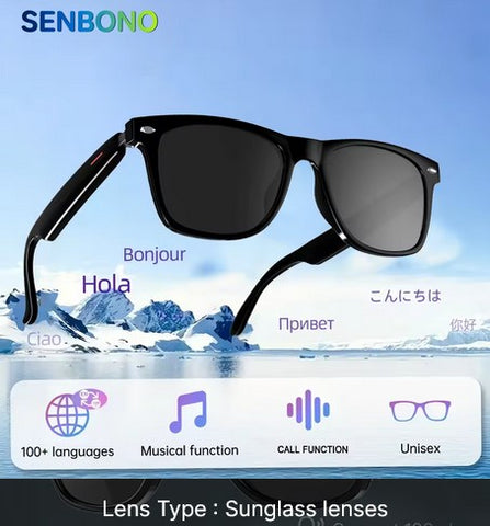 Lunettes de traduction intelligentes SENBONO E13 AI, appel sans fil Bluetooth, musique, lunettes intelligentes AI d'extérieur, lunettes de soleil de sport intelligentes