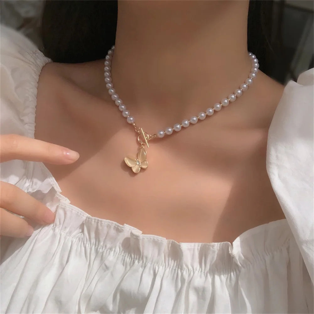 Elegant White Imitation Pearl Beads Choker Clavicle Chain Necklace For Women Love pendant Wedding Jewelry Collar 2023 New