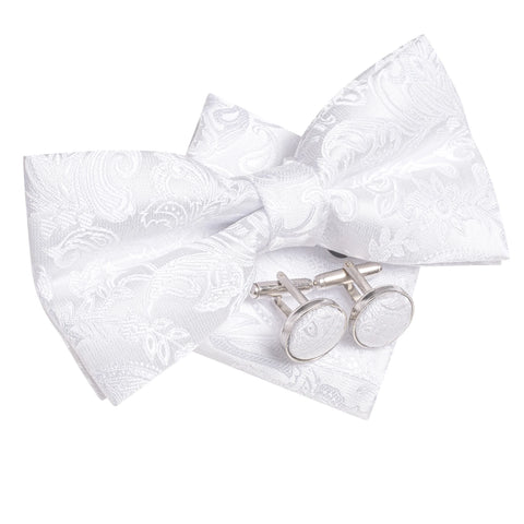 pre-wedding Hi-Tie White Black Gray Silver Silk Mens Bow Tie Hanky Cufflinks Set Pre-tied Butterfly Knot Bowtie for Male Wedding Business - Fashionner