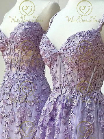 Lilac Evening Dresses 2023 Long Lace Appliques Crystal Mermaid Sweetheart Sweep Train Corset Back Sleeveless Prom Gowns Women - Fashionner
