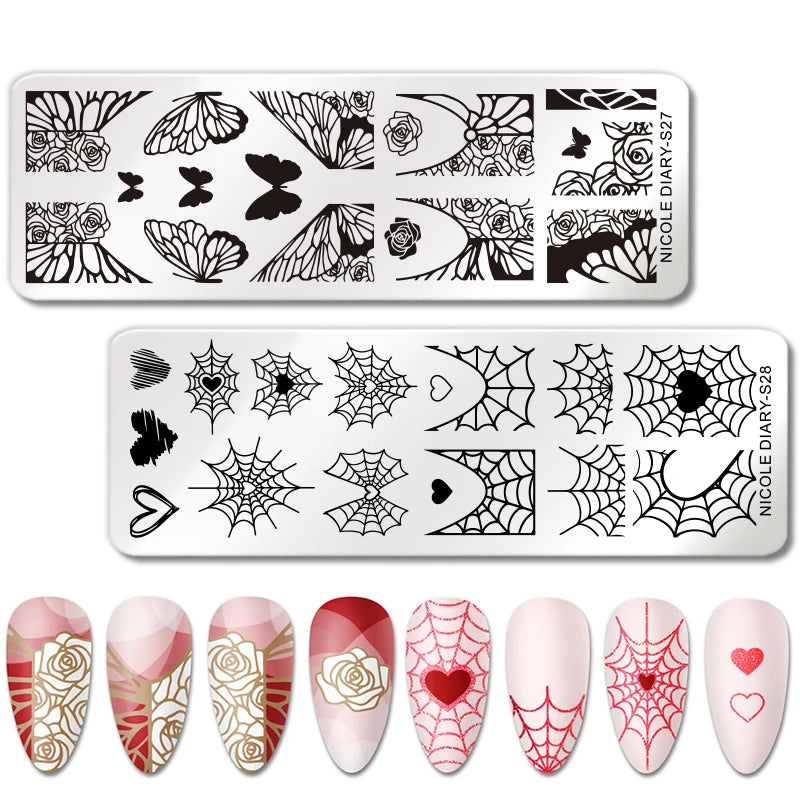 NICOLE DIARY Halloween Nail Art Stamping Plate Drawing Template Butterfly Heart Wave Line Image Stencil Mold Nail Printing Tools - Fashionner