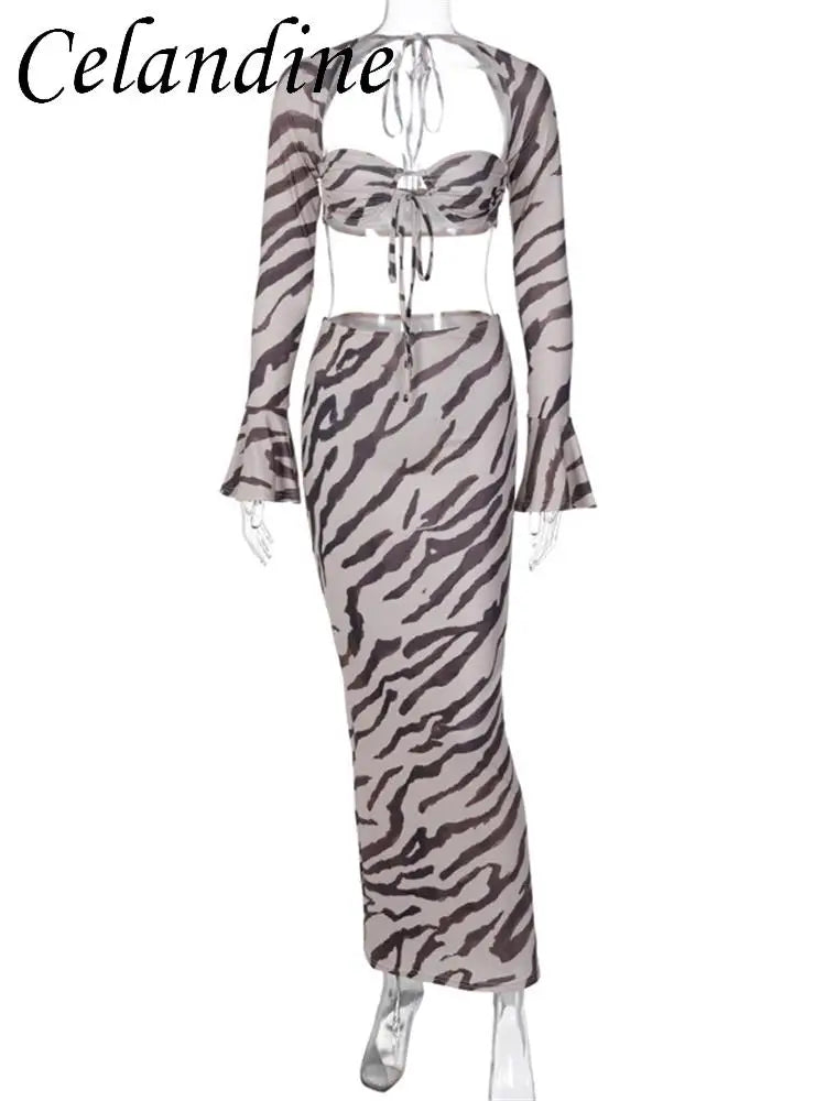 Celandine Sexy Zebra Print Square Neck Long Sleeve Crop Top+Maxi Skirt Set Elegant Outfits Maxi Dress Sets 2 Pieces Fall Women