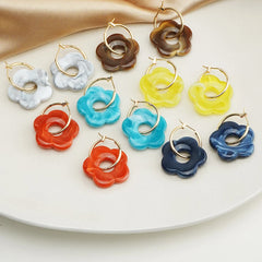 2023 New Colorful Flower Resin Acrylic Charms Earring Gold Color Circle Ear Buckle Hoop Earrings for Women Cute Gift Jewelry