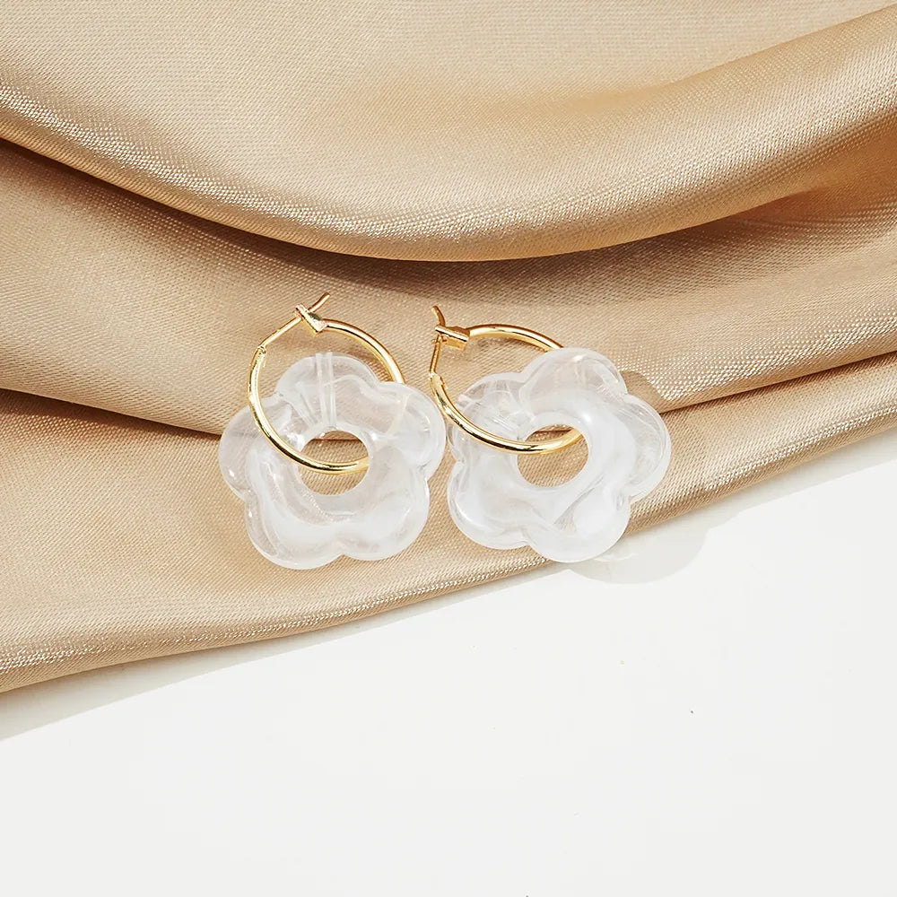 2023 New Colorful Flower Resin Acrylic Charms Earring Gold Color Circle Ear Buckle Hoop Earrings for Women Cute Gift Jewelry