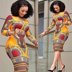 Traditional 2022 New Fashion Print Dress Waist Women's Ethnic Style Package Hip Skirt V-neck Tight A-line Skirt African Women's Clothing - Fashionner