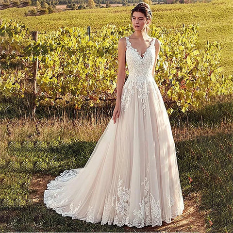 Elegant V-Neck Wedding Dresses For Women A-line Appliques Floor Length Bride Gowns Lace Backless Bridal Dress Vestidos De Noiva - Fashionner