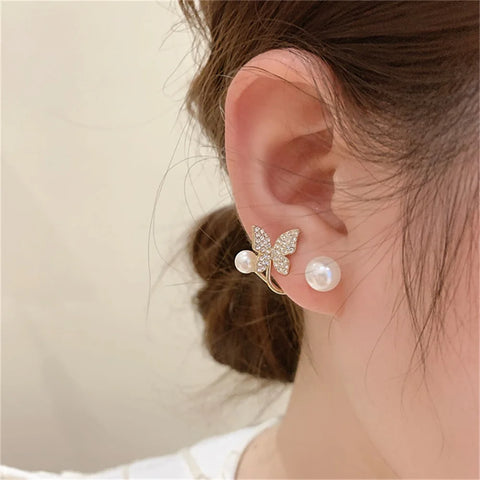 2023 Korean Elegant Leaves Back Hanging Pearl Earrings For Women Fashion Luxury Flower Fishtail Crystal Stud Earring Jewelry - Fashionner