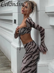 Celandine Sexy Zebra Print Square Neck Long Sleeve Crop Top+Maxi Skirt Set Elegant Outfits Maxi Dress Sets 2 Pieces Fall Women