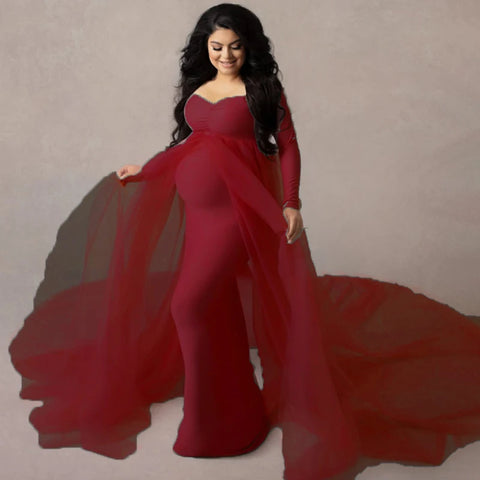 2023 Long Sleeve Maternity Dress For Women Photo Shoot Clothes Elegant Lace Pregnant Evening Maxi Dress Costume Photography Prop - Fashionner
