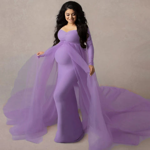 2023 Long Sleeve Maternity Dress For Women Photo Shoot Clothes Elegant Lace Pregnant Evening Maxi Dress Costume Photography Prop - Fashionner
