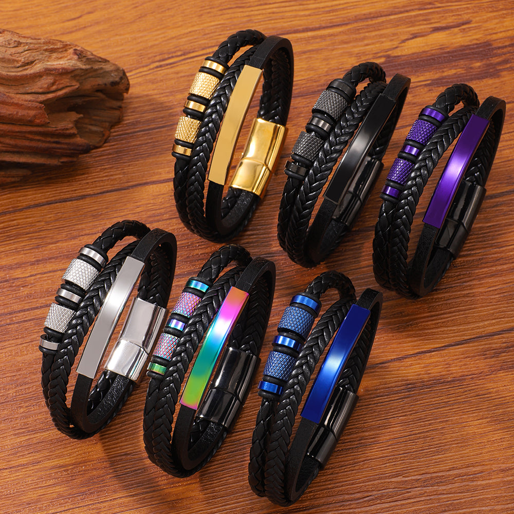 Buy Stainless Steel Multi-Colored Hand-Woven Men'S Leather Bracelet online at Fashionner.