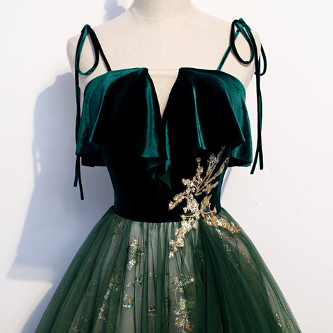 Banquet Sling Temperament Long Dress Dark Green Fantasy Mori - Fashionner