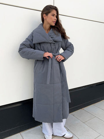Manteau long à grand revers pour femme, veste d'hiver chaude en coton avec poches et design à lacets, manteau épais décontracté de couleur unie pour vêtements d'extérieur