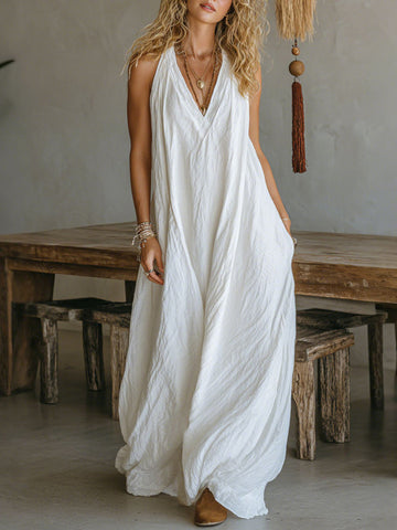 Casual Sleeveless Loose Fit Vest V-neck Long Dress With Front Pockets - Women's Summer Holiday Flowy Sleeveless Long Dresses For Daily Wear