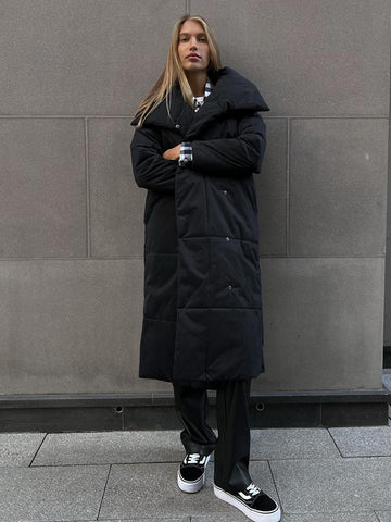 Manteau long à grand revers pour femme, veste d'hiver chaude en coton avec poches et design à lacets, manteau épais décontracté de couleur unie pour vêtements d'extérieur