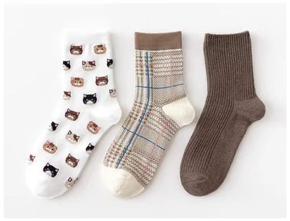 Three Pairs Of Women's Cartoon Food Printed Cotton Socks - Fashionner