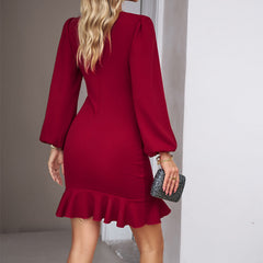 Women's Puff Long Sleeve Fashion Graceful Solid Color Slim Hip-covering Short Dress Womens Clothing - Fashionner