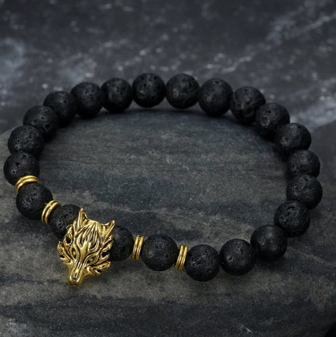 Bracelet Asgard en pierre de lave et tête de loup grise