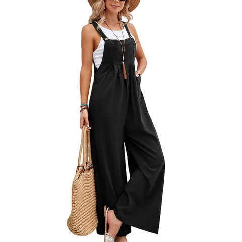 Women Long Bib Pants Overalls Casual Loose Rompers Jumpsuits With Pockets - Fashionner