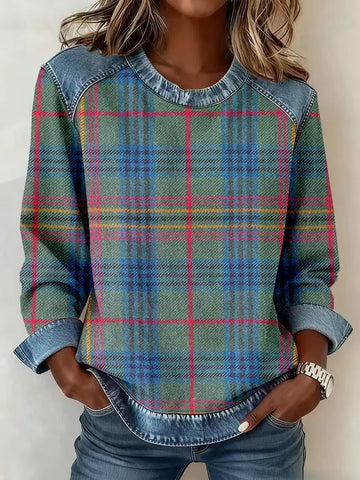 Sweat-shirt en jean patchwork, mode, col rond, pull unique, haut de chemise à manches longues, vêtements pour femmes