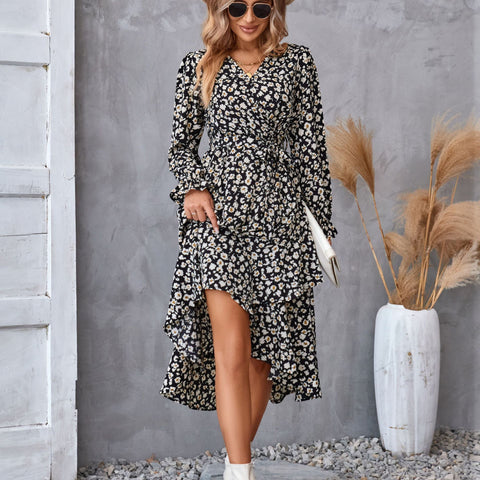 Robe à manches longues à imprimé floral, style pendulaire à volants, tempérament élégant, vêtements pour femmes