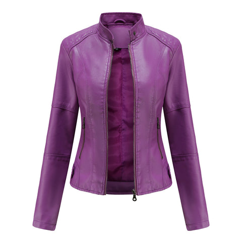 Vestes en cuir zippées pour femmes Mode couleur unie Poches Col montant Vêtements d'extérieur