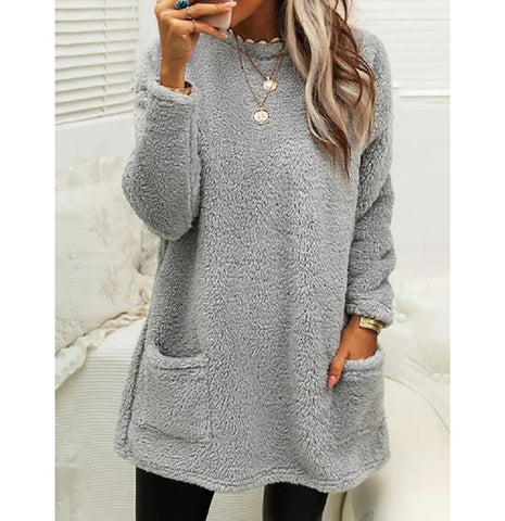 Sweat-shirt pull polaire long pour femmes avec poches Hiver chaud Épaissir Sweatershirt Décontracté Manches longues Peluche Hauts Manteau à capuche Streetwear Tenues amples d'automne Hauts à capuche