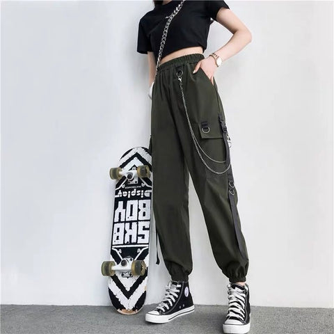 Pantalon cargo femme, pantalon sarouel, mode punk, poches, jogger