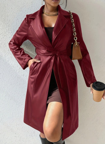 Veste en cuir PU à manches longues et revers avec poches, coupe ajustée, long trench-coat pour femmes